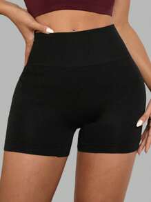 1pc Women's Seamless High Waist Solid Color Knitted Sports Shorts, Yoga Training Cycling Shorts, Comfortable Skin-Friendly Fashion Activewear