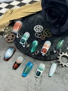 10 Peças de Unhas Postiças Irregulares em Formato de Caixão Médio, Listradas Multicoloridas Estilo Y2K Completamente Cobertas, Estilo Punk Europeu Garota Legal, Pontas de Unhas Estilo Francês Contrastante, Adequado para Meninas e Mulheres, Acompanha 1 Mini Lixa de Unha e 1 Etiqueta Adesiva