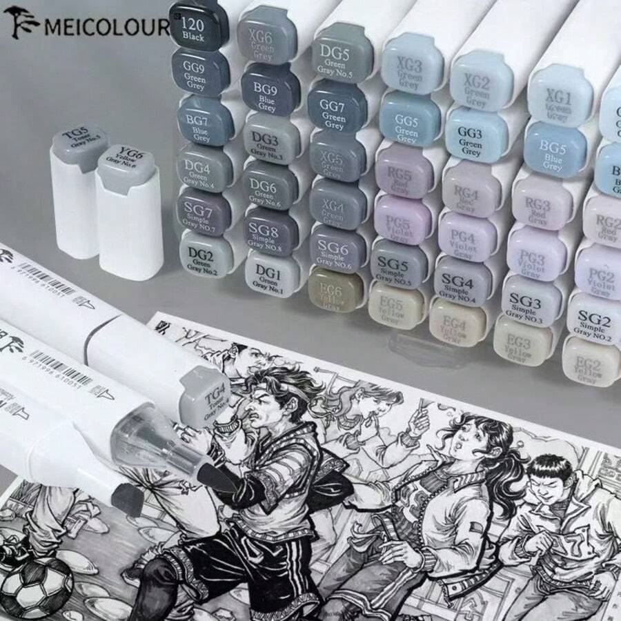 Conjunto de Marcadores Profissionais de Ponta Dupla Escala de Cinza MEKALAR - Marcadores de Arte à Base de Óleo de Secagem Rápida e à Prova de Sangramento, Adequados para Cinzas Frias, Quentes e Neutras, Ideal para Esboços, Design Industrial, Desenho Arquitetônico e Arte Comercial - Multicolorido - Visão 1