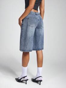 Jeanoix 女式前扣多口袋宽松牛仔短裤、牛仔短裤、休闲日常 - 中等水洗藍 - 查看 2