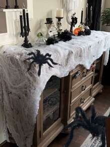 1 Set Halloween Decoration Plush Long Leg Red Lips Black Spider + Fake Spider Web Decor, Festival Atmosphere Decoration Spider Web Cotton Fake Big Spider Bar Home Outdoor Horror Scene Layout Props