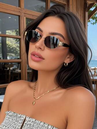 Retro Oval Fashion Metal Fashion Glasses, Classic Design For Outdoor, Travel, Beach, Casual Wear, Summer Sun Protection Preppy Style For Back To School Shield Shape