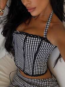 Yuwenier Sexy Elegant Bow Front Boned Lace Trim Splicing Halter Corset Tops Black And White Checkered Backless Lace Up Suitable For Party Going Out Halloween's Festival Outfit