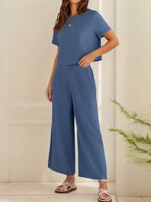 tooluck Women's 2 Piece Outfits Linen Short Sleeve Crop Top And Wide Leg Pants Lounge Matching Set Tracksuits Blue