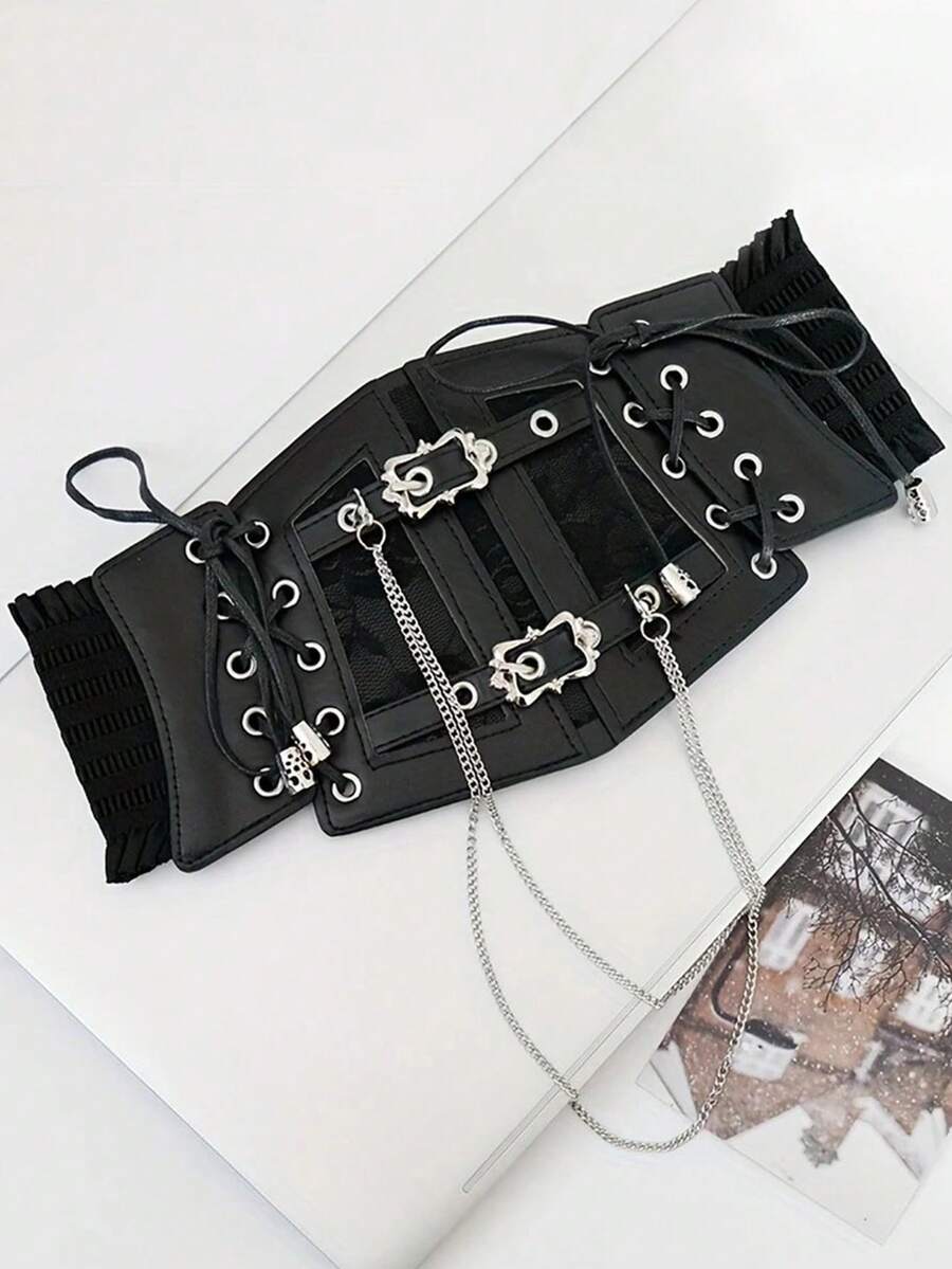 1pc Dark Color Stretchy Waist Cincher With Lace Net Tied Sexy Bustier For Party - Black - View 1