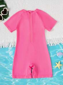 Pink Cartoon Unicorn Print Girls' One-Piece Swimsuit, Summer Holiday - Hot Pink - View 3