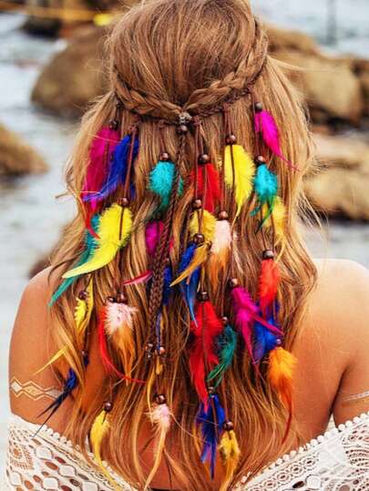 女士头巾嬉皮头带彩虹发饰波西米亚风羽毛头带女式头巾头带吸汗带时尚发带秋冬度假装女士优雅围巾