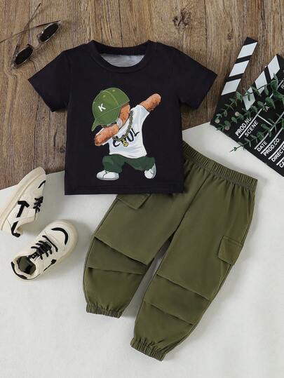Toddler Boys Cartoon Bear Printed Short Sleeve Top + Casual Cargo Pants 2pc Set