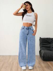 Women Casual High Waist Straight-Leg Washed Denim Jeans