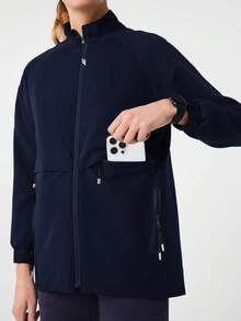 Women's Matte Finish Long Sleeve Multi-Pocket Zipper Front Scrubs Jacket With Inner Pocket, Lightweight Scrubs Workwear For Nurses, Dentists, Healthcare, Pet Hospital, Laboratory - Navy Blue - View 4
