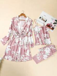3 Piecesfloral Print Robe Set (With Belt), Pajamas Set, Home Wear Set, Comfortable And Skin-Friendly Back To School - Multicolor - View 5