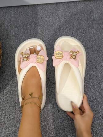 EVA High Heel Wedge Flip Flops For Women, Cute Bear & Bow Design, Non-Slip Beach Sandals, Summer