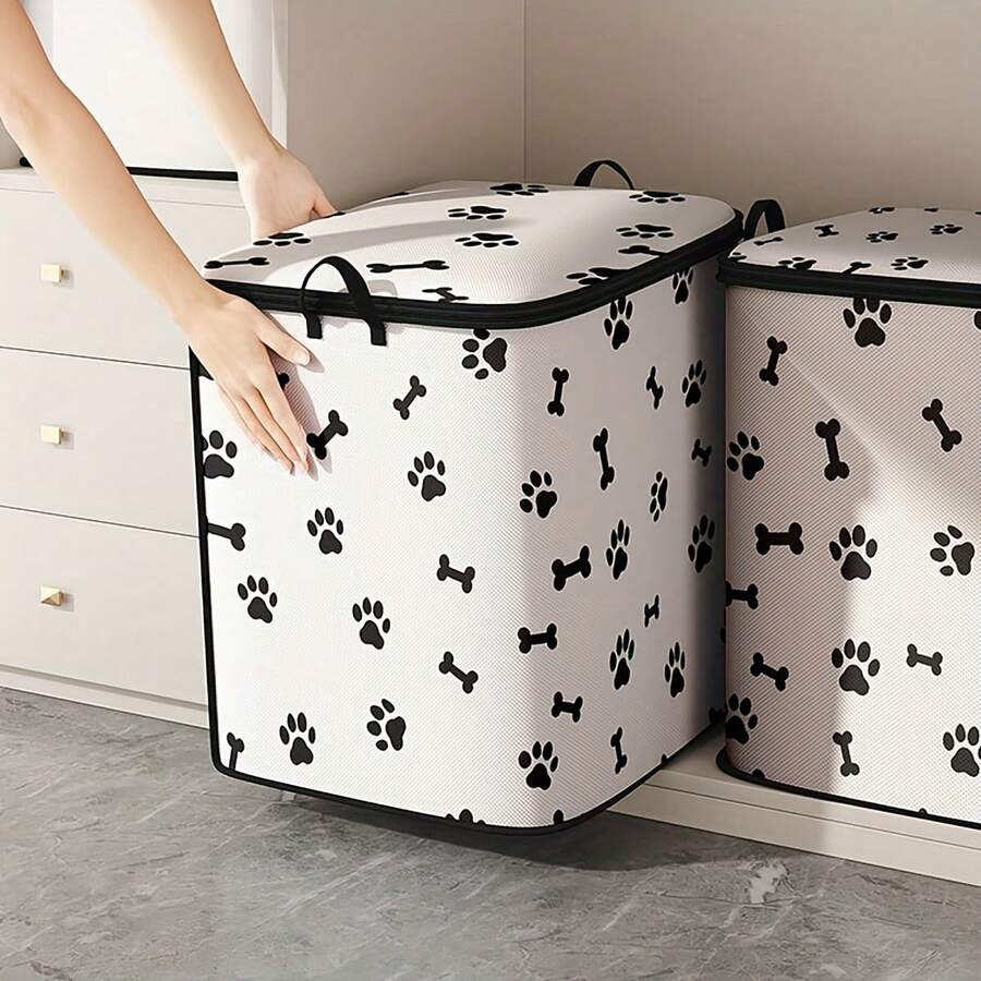 1pc Large Capacity Storage Box With Paw Print & Bone Design - Durable Non-Woven Fabric, Foldable Organizer For Blankets, Quilts, And Clothes - Perfect Holiday Gift For Pet Lovers, Pet Storage Solution|Contemporary Style|Secure Zipper Closure,Dorm Room - Multicolor - View 1