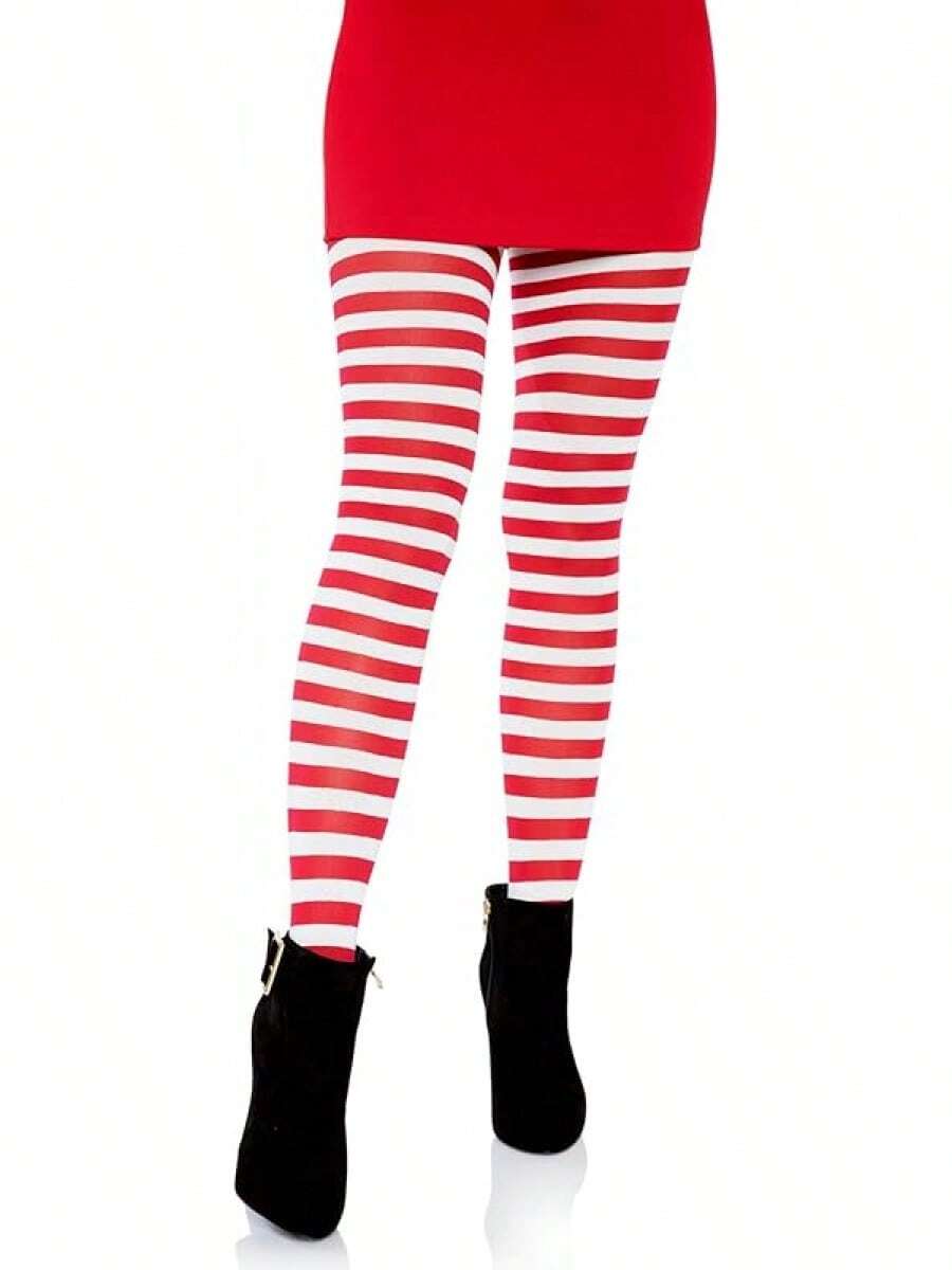 Women's Nylon Striped Tights - 白/紅 - 查看 1