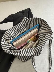 Striped Casual Large Capacity Simple Shopping Vacation School Tote Bag, School Supplies, School Bag, School Handbag, School Tote Bag, School Bookbag, Back To School Bags, Lightweight, Portable, Foldable, Classic Casual, Suitable For Teen Girls Women College Students, Perfect For Back To School, First Day Of School, Holiday, Beach, Tote Bags For Women, College Essentials - Black and White - View 9
