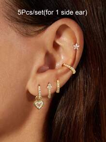 Set de 5 piezas de pendientes para mujer elegantes chapados en oro con circonita multicolor, incluyendo aro, pendiente colgante y pendiente de presión. Accesorios de joyería glamorosa.