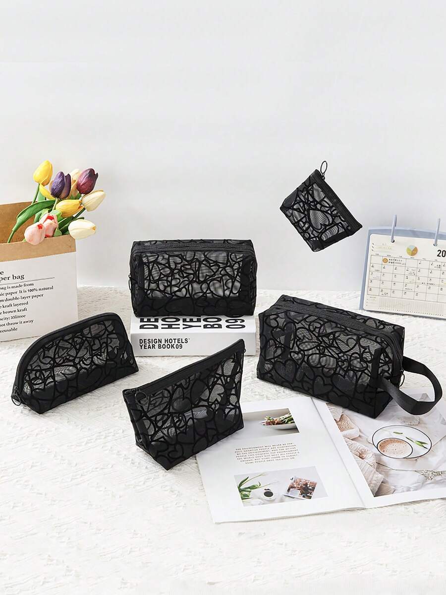 1pc/5pcs Printed Mesh Cosmetic Bag, Heart-Shaped Makeup Bag, Flocked Transparent Storage Bag, Large Capacity Makeup Bag, Portable Cosmetic Storage Bag, Lipstick & Coin Purse, Toiletry Bag, Travel Handbag, Ladies Lipstick Small Bag, Mesh Cosmetic Bag, Shell Bag, Hollow Toiletry Bag, Heart Print Transparent Mesh Cosmetic Bag, Travel Toiletry Bag - Black - View 1
