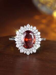 1pc Elegant S925 Silver Red Cubic Zirconia Ring, Luxurious & Personalized Design, Suitable For Wedding, Engagement, Party Wear