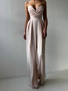 Las mujeres de color sólido sin espalda recta de pierna ancha de cintura a medida mono, elegante temperamento delgado pantalones conjunto de boda del partido / conferencia diaria elegante desgaste preferido