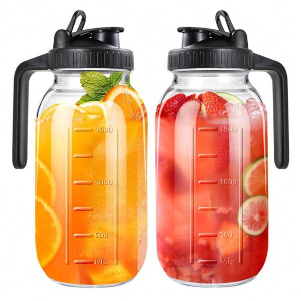 64oz Glass Pitcher With Lid And Spout - 4pcs Mason Jar, Wide Mouth Breast Milk Jug, Sun Tea, Cold Brew Coffee, Fridge Container For Water, Juice, Tea, For Cold Brew Coffee, Ice Beverage, Iced Juice, Lemonade, Sun Tea, Fruit Drinks Container