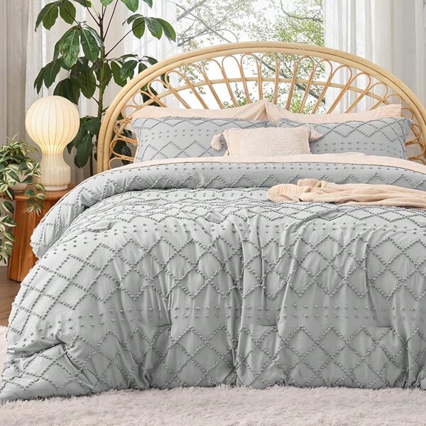 Twin XL Comforter Set - White Comforter, Boho Tufted Shabby Chic Bedding For Kids, 2 Pieces Vintage Farmhouse Bed Set For All Seasons, Fluffy Soft Bedding With 1 Pillow Sham