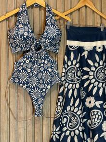 Bodysuit Swimsuit And Pareo Set Kit Premium Beach Cover-Up Bathing Suit Bodysuit - 佩斯利花紋 - 查看 3