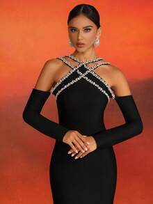 Love Aing Sophisticated Elegant European & American Style Long Sleeve Dress With Diamond-Studded Asymmetrical Mesh Splice And Lace Design - Black - View 7