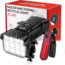 Juego de luces delanteras y traseras para bicicleta, 12 perlas LED, resistente al agua IPX4, alta luminosidad, fácil instalación, luz delantera con bocina, indicador de nivel de batería, 5 modos de iluminación, faro de bicicleta