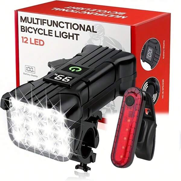 Juego de luces delanteras y traseras para bicicleta, 12 perlas LED, resistente al agua IPX4, alta luminosidad, fácil instalación, luz delantera con bocina, indicador de nivel de batería, 5 modos de iluminación, faro de bicicleta