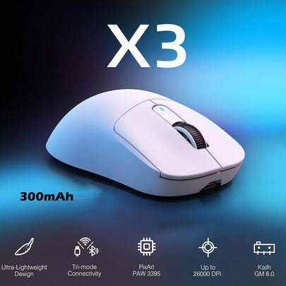 ATTACK SHARK עכבר X3 49g SUPERLIGHT, חיישן גיימינג PixArt PAW3395, עכבר גיימינג אלחוטי/קווי BT/2.4G, 6 DPI מתכוונן עד 26000, סוללה 200 שעות, עכברי Office עבור Windows 11/PS/