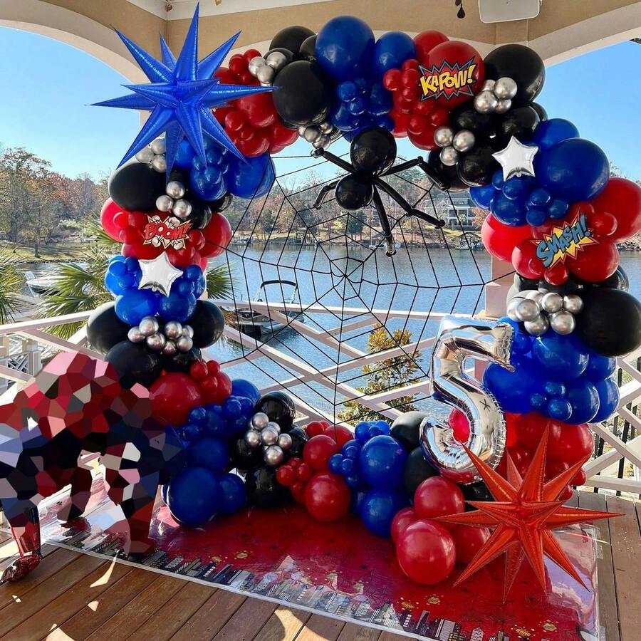 112/202pcs Spider Theme Balloon Arch Kit - Black Red Blue Silver Comic Style Decorations With Foil Star Balloons, Ribbon Balloon Chain Glue Dot Accessories | Birthday Party Backdrop, Babyshower Photo Booth Props, Men's Celebration Centerpiece Urban Power Style Decorations Easy To Arrange Birthday Decorations - Multicolor - View 1