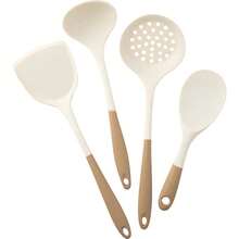 Juego de utensilios de cocina de silicona de 4 piezas con sartenes antiadherentes, espátula de silicona, cucharón de sopa, cuchara ranurada, herramientas de cocina - 4 piezas marrón blanco - Ver 9