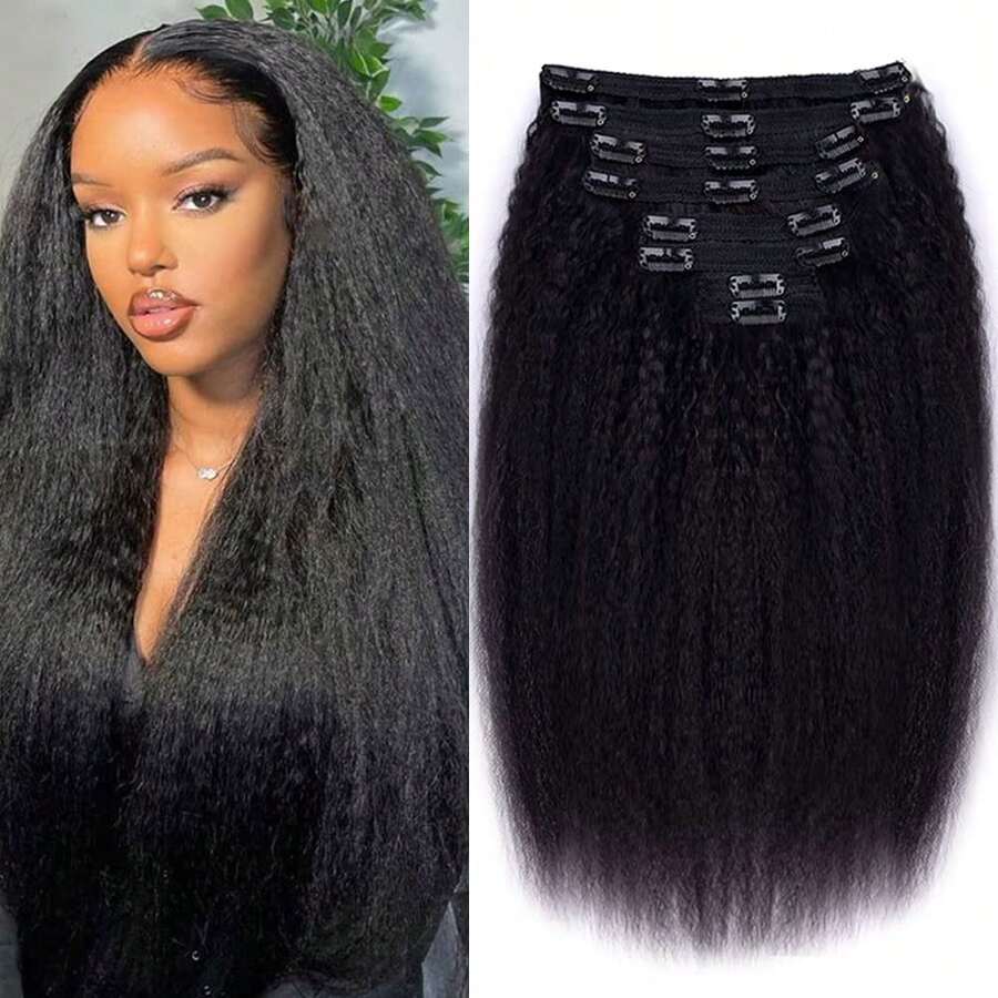 Kinky Straight Clip In Hair Extensions Real Human Hair Natural Black Double Weft Clip Ins For Women 20 Inch 120g 8pcs Seamless Kinky Straight Clip On Extensions Human Hair - Natural Black - Xem 1