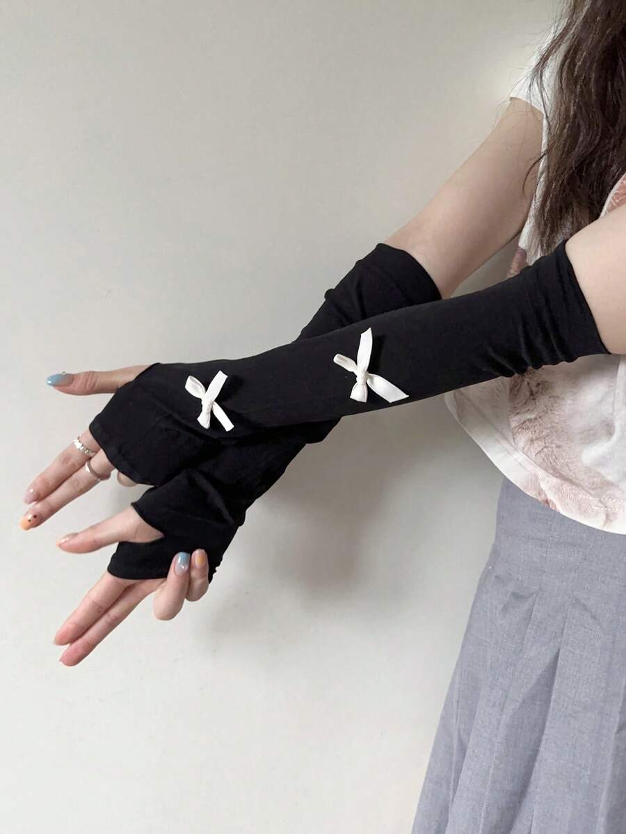 1 cặp Găng tay dài chống tia UV Ice Sleeves màu trơn thoáng khí chống nắng Găng tay lái xe đạp Unisex cho phụ nữ - Hai chiếc nơ đen - Xem 1