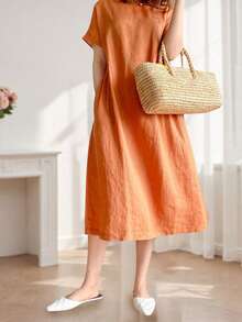Womens Summer Cotton Linen T Shirt Dress Casual Loose Fit Crewneck Short Sleeve Solid Color Midi Dresses With Pockets - trái cam - Xem 4