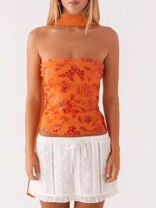 Women Y2K Sequin Tube Top With Neck Scarf Sparkly Floral Bandeau Cami Pearl Embellished Glitter Rhinestone Going Out Shirt - 橘色 - 查看 1