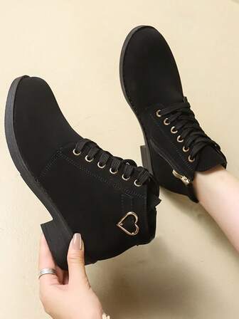 Women's Black Lace-Up Side Zip Luxury Motorcycle Boots, Vintage Style Thick Sole Low Heel, Ankle Boots & Short Boots Suitable For Vacation And Back-To-School Season, Autumn/Winter