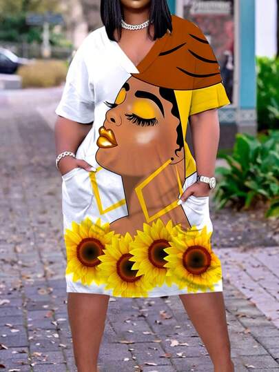 Women's Plus Size Casual Short Sleeve Dress, Cartoon People & Floral Print V-Neck Stretchy Dress With 2 Pockets, Black African Style