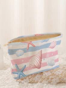 1pc Portable Seashell & Starfish Print Double-Sided Zipper Makeup Bag, Multifunctional Cosmetic Organizer Pouch For Travel,Fall Decor,Autumn Decor,Room Decor - Multicolor - View 3
