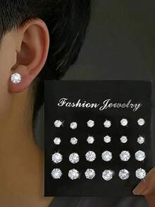 72pcs Geometric Round Star Square Cubic Zirconia Shiny Stud Earrings, Simple Punk Hip Hop Style, Big Set, Suitable For Party, Festival, Date, Gift And Daily Wear - Multicolor - View 10