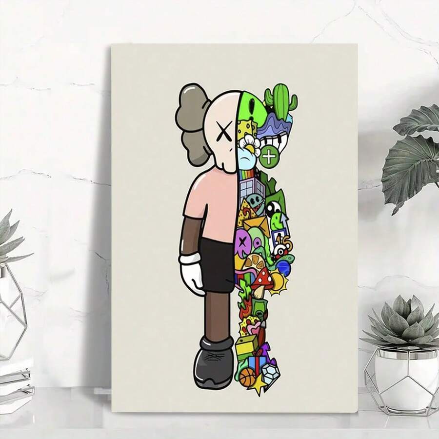 Framed 1pc Frame Kaw Art Poster - Vibrant Cartoon-Style Canvas Wall Art,Perfect For Bedroom Decor & Gift For Friends, Minimalist Beige Background With Colorful Accessorie - Framed - View 1