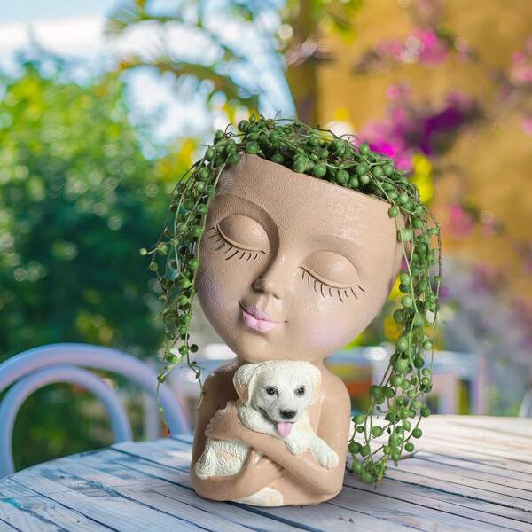 1pc Resin Girl Hugging Dog Planter, Indoor Decorative Flower Pot, Outdoor Garden Decoration Planter, Balcony Decor Flower Pot, Suitable For Planting Succulents And Other Greenery, With Drainage Hole And Base, Great Gift For Loved Ones