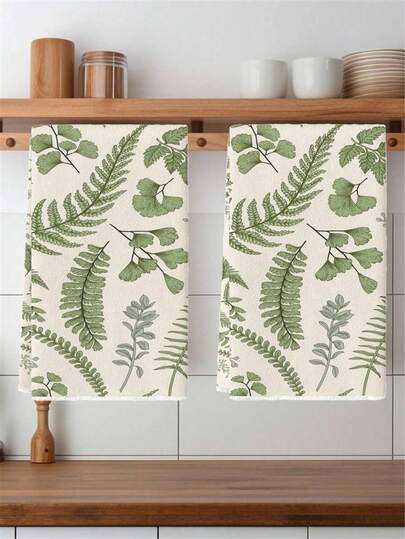2 Pcs Kitchen Towels Set - Soft, Absorbent, Quick-Dry, Lint-Free, Reusable Dish Towels With Leaves And Herbs Pattern For Kitchen, Farmhouse, Holiday Home Decor