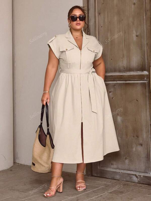 Women's Plus Size Zip Pocket Decorated Long Dress, Fashionable For Commuting, Office Outfits For Women, Teacher Outfits For Women