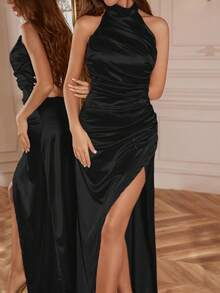 WOWDARK Women's Winter Dress, Black Solid Color Sleeveless Halter Neck Slit Elegant Party Dress, Suitable For Valentine's Day, Dates, Gatherings, Parties, Travel, Vacation, Beach And Other Occasions