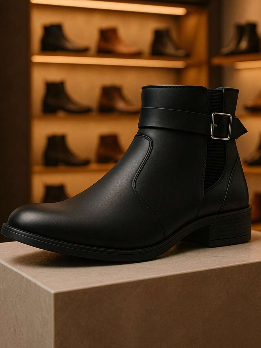 MR TRY SHOES Bota Cano Curto Feminina Salto Quadrado Coturno Botina Bico Redondo Preto e Marrom - Preto - Visão 1