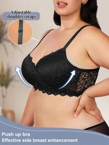 MIMILEMON Plus Size Women's Black Lace Seamless Full Coverage Underwire Bra With Wide Straps, Shaping, Daily Wear - Black - View 7
