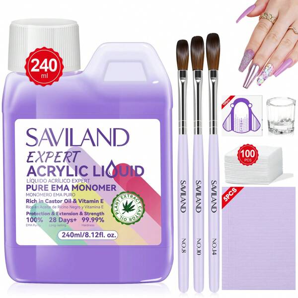 SAVILAND SAVILAND Monomère Acrylique Inodore de Grade Salon (236ml) - Formule Enrichie à l'Huile de Ricin et à la Vitamine E avec Kit Complet pour Ongles (Pinceau/Palette/Tapis), Technologie EMA à Faible Émission de Fumée pour des Ongles Sains