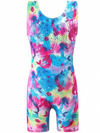 少女美人鱼印花体操紧身衣，无袖水钻装饰紧身衣