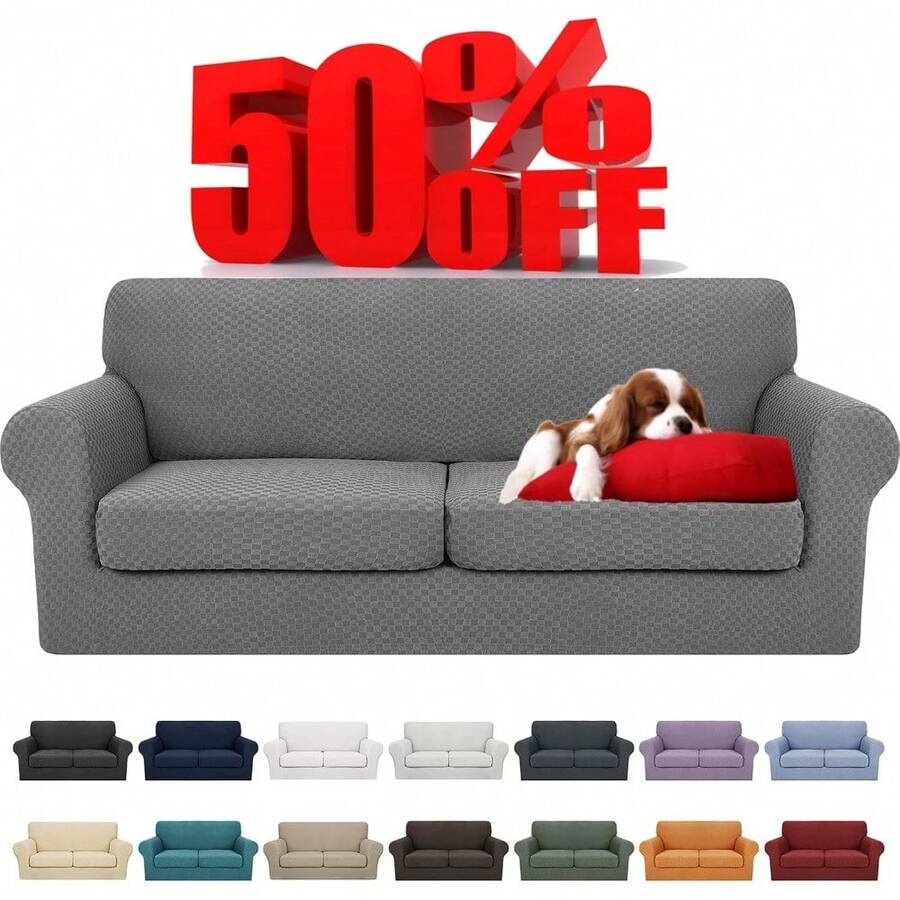 Latest Checkered 3 Pieces Couch Covers For 2 Cushion Couch High Stretch Sofa Cover With 2 Extra Large Seat Cushion Covers Anti Slip Elastic Slipcovers Light Gray 71-91 Inches 2 Cushions - Orange - View 1